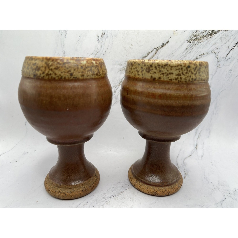2‎ Vintage Art Pottery Goblet Chalice Wine Glass Stoneware Speckled Glaze 5.25"